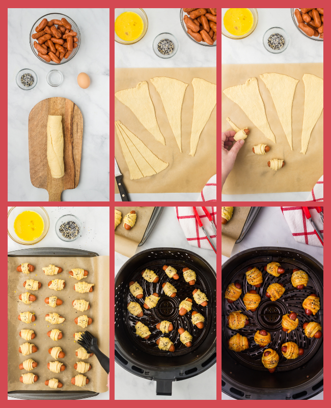 process shots for making air fryer pigs in a blanket