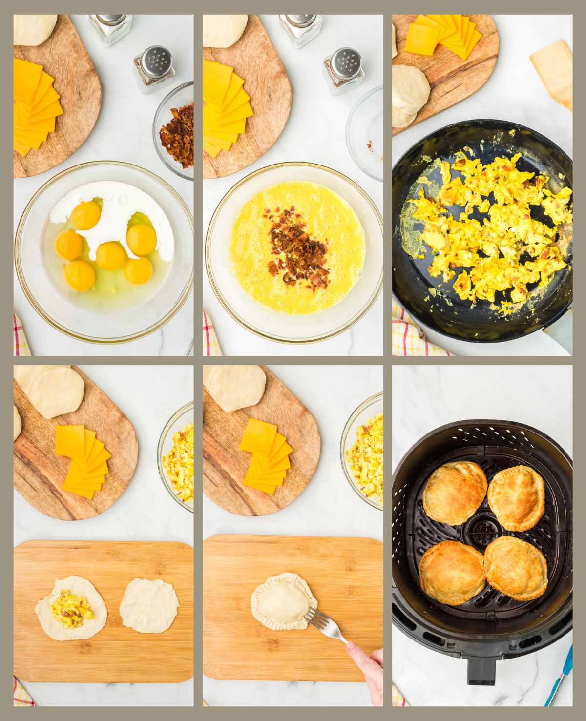 photos of step by step directions to make bacon egg and cheese biscuits